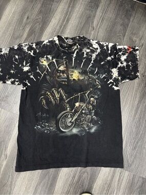 Vintage 90’s Black Tie-Dye Skull & Motorcycle Graphic Tee with studs LG Rare